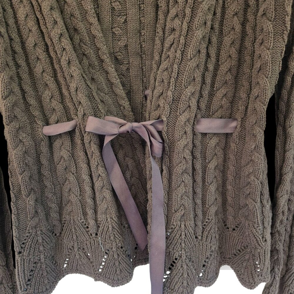 Chaps Cable Knit Brown Cardigan Sweater Large Ribbon Tie Waist Eyelet Cuffs - Picture 4 of 11